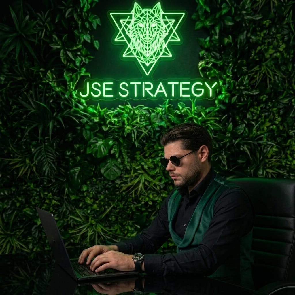 Jordy Seyssens aan het werk onder het JSE Strategy neonlogo